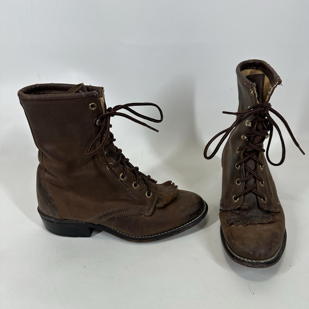 Laredo Cowboy Boots Kiltie Roper Lace Up Western Size 6 M Brown Leather USA Made